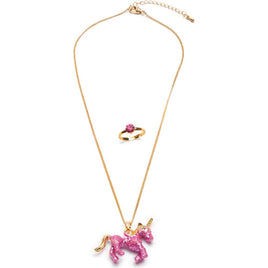 Glitter pink unicorn necklace and ring set