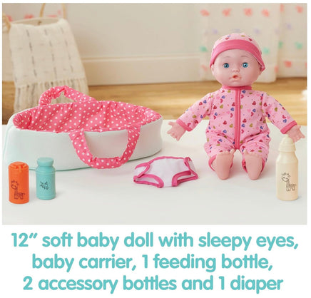 Cuddle & Carry Playset 12 inch Soft Doll with Carrier Bottles & Diaper - ToyTime