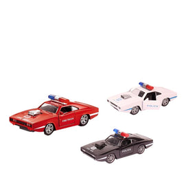 Dodge Fire/Police car Pull back die - cast metal , door open function 1:32 - ToyTime