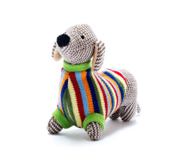 Hand Knitted Sausage Dog With Sweater Rattle 4517 - ToyTime