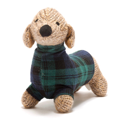 Hand Knitted Sausage Dog With Tartan Jumper b4541 - ToyTime