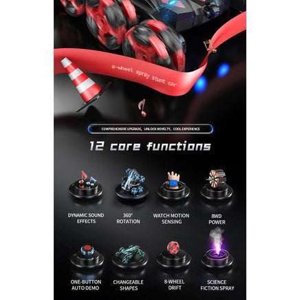 Rc Stunt Cars 2.4Ghz Double Sided 8 Wheels Drift Vehicle LED Lights Crawler With Spray - ToyTime